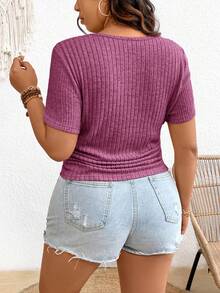 SHEIN Frenchy Plus Size Women Casual Ribbed Square Neck T-Shirt - Coral Pink - View 2