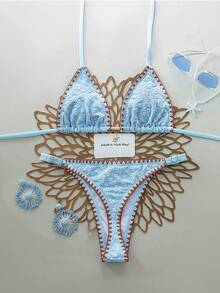 Swim Mod Set Bikini Segitiga Motif Bunga Biru Muda Gaya Boho 2 Potong untuk Wanita, Bordir Bunga Daisy Buatan Tangan, Hiasan Bintang Laut, Pakaian Renang Elastis untuk Liburan Pantai Musim Panas, Liburan - Biru - View 4