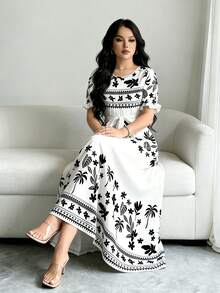 Modelyn Floral & Triangular Pattern Digital Print Crew Neck Long Sleeve A-Line Dress, Waist Cinched, Fashionable, Spring - Multicolor - View 5