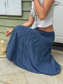 Sunnyshic 女士夏季休闲褶皱牛仔迷你裙 - 藍色 - 查看 5