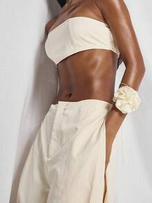 MUSERA Straight Square Neck Bandeau Shirred Back Top With Mid Rise Side Pleated Panel Balloon Tapered Leg Trouser Coord Sold As Set Cute Holiday Sexy Night Out Vacation Spring Summer Elegant Soleil Drape - Khaki - View 6