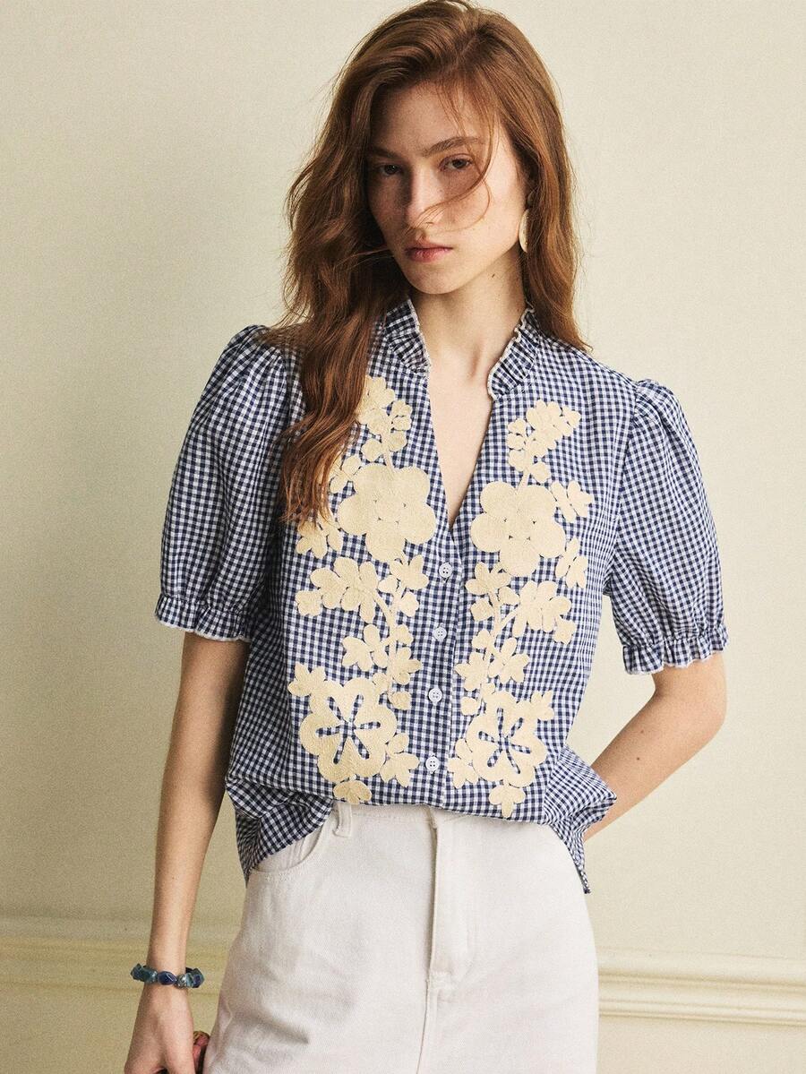 Écloséra Áo sơ mi nữ màu xanh dương kiểu Pháp cổ điển, dáng rộng, họa tiết kẻ caro thêu, cổ bèo nhún, tay bồng, thích hợp cho mùa xuân/hè. - Màu xanh lam - Xem 1