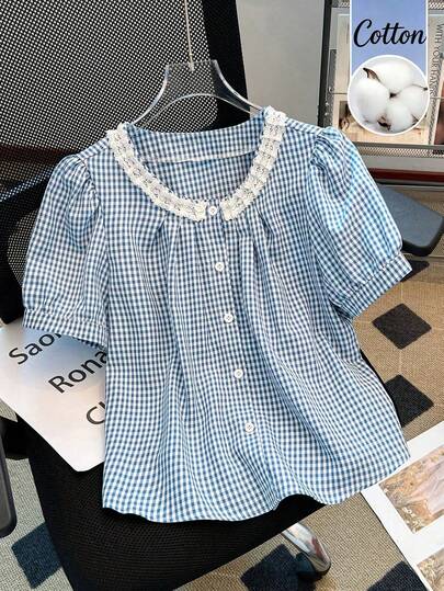 Franclia 2026 New Women's Countryside Style Blue Plaid Short Sleeve Shirt, Summer Elegant Contrast Color Ruffle Collar Petal Sleeve Blouse