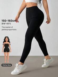 SHEIN PETITE 女士纯色高腰弹力休闲运动裤 - 黑色 - 查看 9
