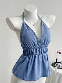 SHEIN Áo croptop denim hở lưng cổ yếm gợi cảm cho mùa hè - Màu xanh lam - Xem 1