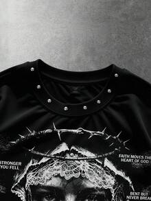 ROMWE MEN Street Life Men's Rivet Decor Printed Loose T-Shirt - Black - View 3