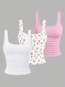 EMERY ROSE 3pcs Plus Size Women's Casual Solid Color & Full Printed Pattern Sleeveless Vest Set, Tank Top Summer - Multicolor - View 1