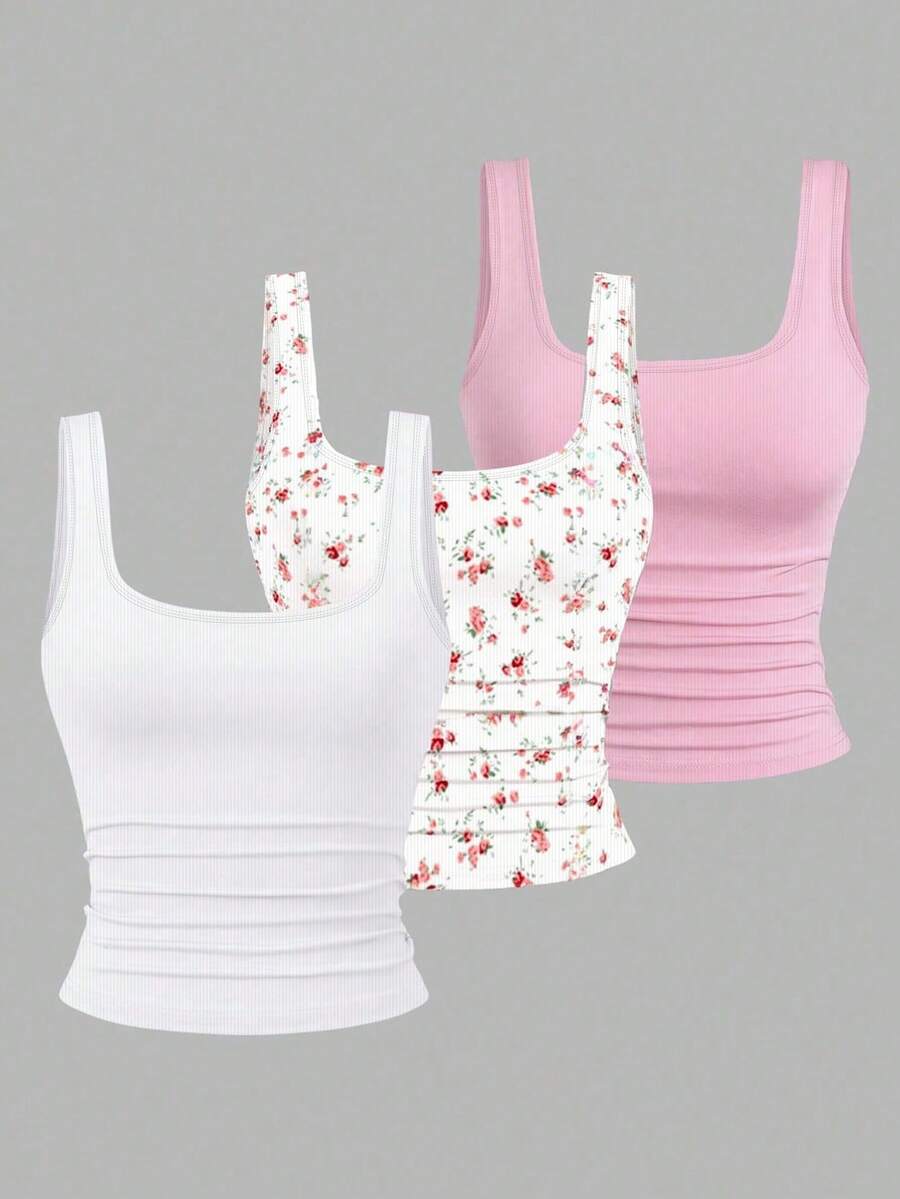 EMERY ROSE 3pcs Plus Size Women's Casual Solid Color & Full Printed Pattern Sleeveless Vest Set, Tank Top Summer - Multicolor - View 1