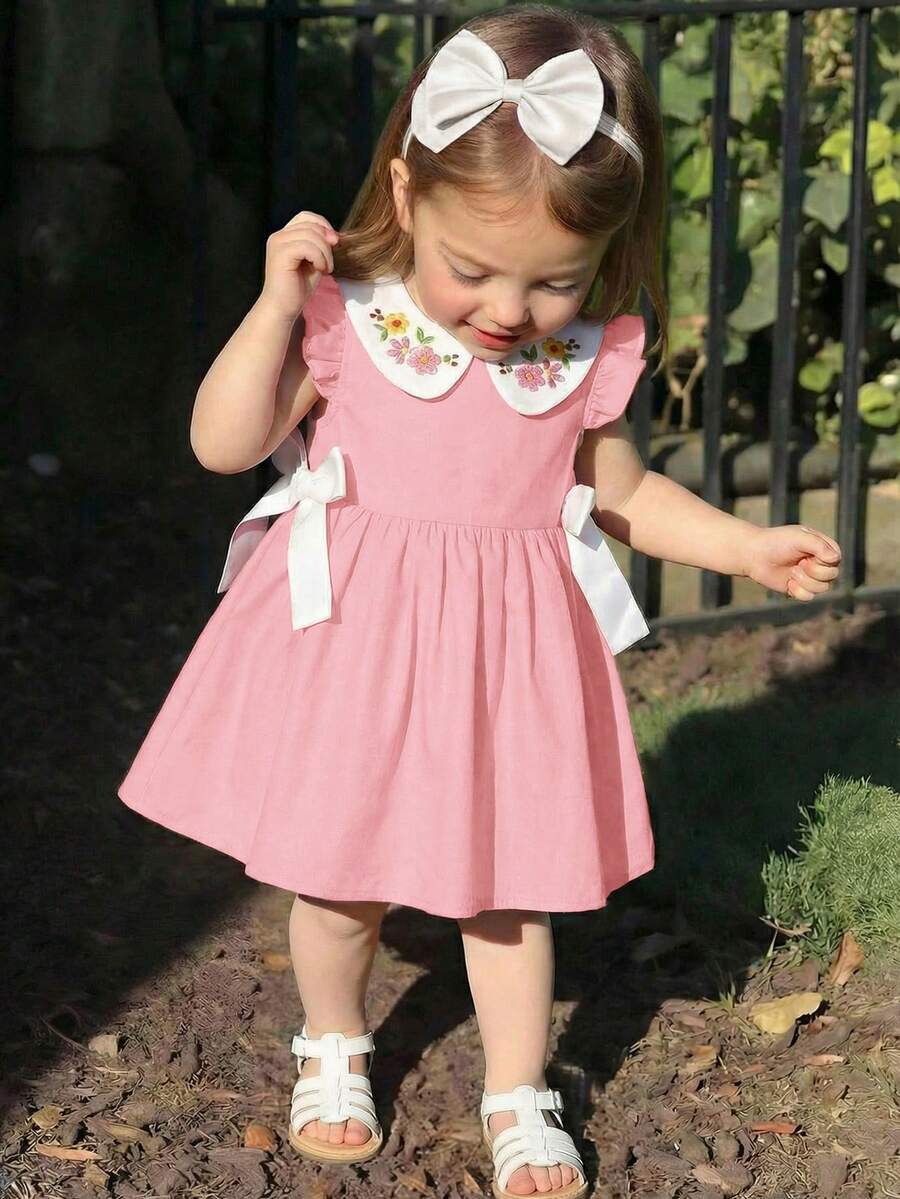 LMoss Kids Baby Girl Woven Contrast Color Embroidered Peter Pan Collar Casual Dress - Pink - View 1