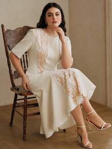 大码女士优雅纯色圆领短袖蕾丝拼接半透明收腰连衣裙 - 白色 - 查看 1