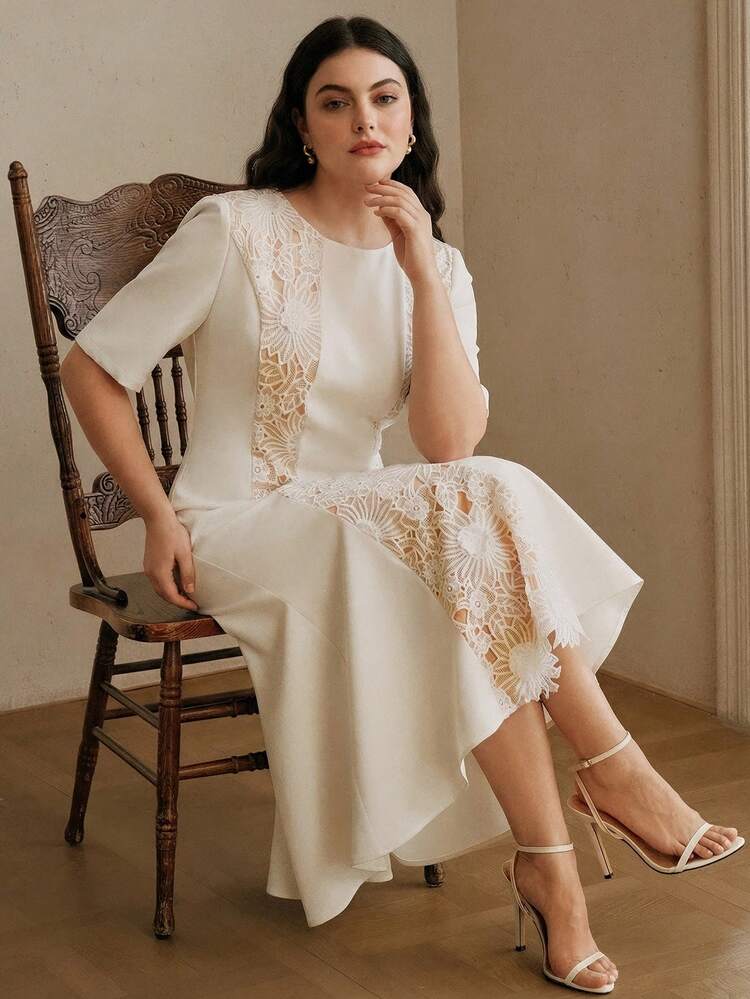 Plus Size Women Elegant Solid Color Round Neck Short Sleeve Lace Patchwork Semi-Sheer Waist Cinched Dress