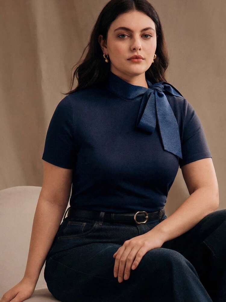 Anewsta Plus Size Women's Spring/Summer Navy Blue Mixed Cotton Blend Polo Collar Tie Waist Short Sleeve Fitted T-Shirt, Collar Contrast Denim-Look Fabric, Elegant Yet Casual Minimalist Slimming Versatile, Suitable For Casual Outings And Commuting