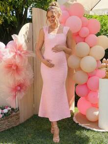 Loomaby Elegant Solid Color Textured Maternity Mermaid Dress,Gender Reveal Dress,Baby Shower Dress,Maternity Dress - Pink - View 11
