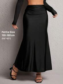 SHEIN PETITE Falda bajo de sirena unicolor fruncido - Negro - Ver 1