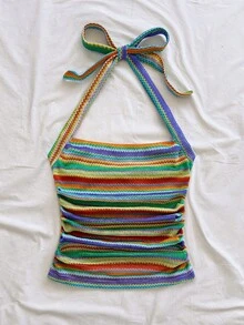 Soleia Women's Vacation Halter Tie-Up Striped Fitted Camisole, Suitable For Holiday, Date, Afternoon Tea, Music Festival, Bohemian Style - Multicolor - View 6