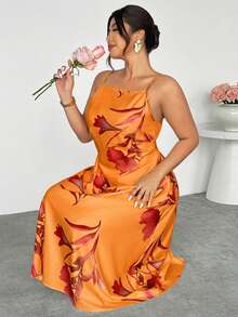 Firerie Plus Size Floral Print Camisole Dress - Coral Orange - View 2
