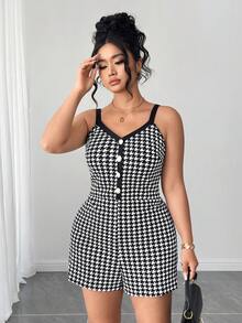 Elenzga Plus Size Fashionable Houndstooth Romper For Summer - Black and White - View 5