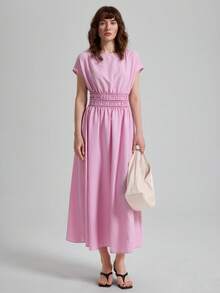 Ontre Đầm nữ màu hồng kiểu dáng nghỉ mát năm 2026, cổ thuyền, tay ngắn, có túi, thiết kế chun co giãn, tối giản, thanh lịch, sang trọng, đa năng, phù hợp đi làm, dạy học, dự tiệc. - Bụi hồng - Xem 4