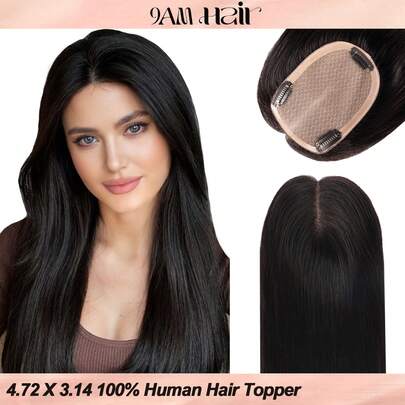 3.1*4.7英寸女士假发片，100%真人发丝，NC自然黑，适合有脱发或头发稀疏的人士，贴合头皮，蕾丝假发片，夹式接发，花朵发夹