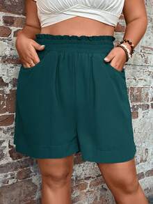 EMERY ROSE Pantalones cortos de lino casuales para mujer talla grande, unicolor, cintura con volantes y bolsillos, estilo bohemio para vacaciones de verano - Verde - Ver 1