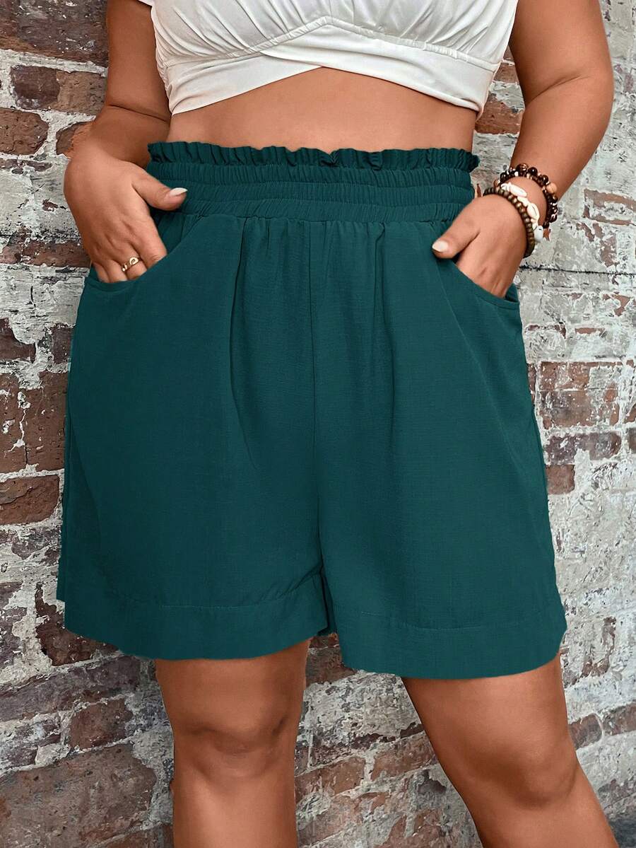 EMERY ROSE Pantalones cortos de lino casuales para mujer talla grande, unicolor, cintura con volantes y bolsillos, estilo bohemio para vacaciones de verano - Verde - Ver 1
