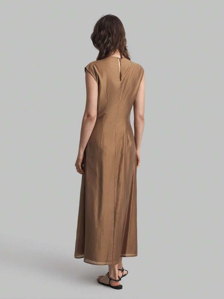 2026 Spring/Summer Women's Long Dress, Brown Color, Elegant Waist Gathered Dress With Cap Sleeves, Suitable For Casual Urban, Minimalist Fashion Commute, Elegant Simplicity, Teacher's Day Outfit, Suitable For Independence Day, Saint John's Day, Beach Holiday, Graduation, Office, Fashion Versatile Women's Long Dress