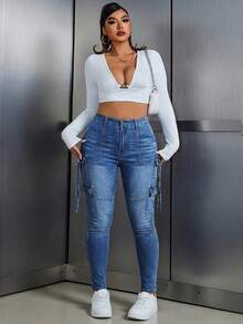 SHEIN ICON Plus Size Solid Color Slant Pocket High Waist Skinny Fashion Cargo Jeans - Blue - View 5