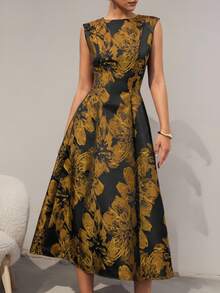 Aveloria Modichic Nuevo vestido elegante y digno para cita nocturna de mujer, de lujo, minimalista y exquisito, con cuello redondo, sin mangas, cintura ceñida y falda acampanada, de tela jacquard - Amarillo - Ver 3
