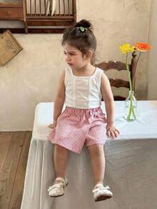 Baby Girls Summer Red And White Stripe Cute Vacation Sleeveless Top&Striped Wrap Skirt Shorts Set,U-Neck Ribbed Tie-Up Curved Hem Knit Holiday Kids - Pink - View 4