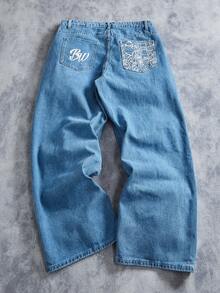 Manfinity ZONE917 男士休闲时尚街头卡通字母印花宽松阔腿牛仔裤，不含腰带 - 淺色水洗藍 - 查看 1