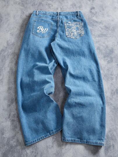 Manfinity ZONE917 男士休闲时尚街头卡通字母印花宽松阔腿牛仔裤，不含腰带