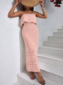 EURMUSE Women's Solid Color Vacation Style Openwork Knit Dress - Coral Pink - View 3