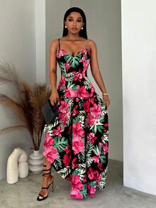 BamGleam Vestido largo de verano para mujer con estampado floral negro estilo boho, sin espalda, sin tirantes, asimétrico y acampanado, para vacaciones y playa con estampado tropical - Rojo - Ver 1