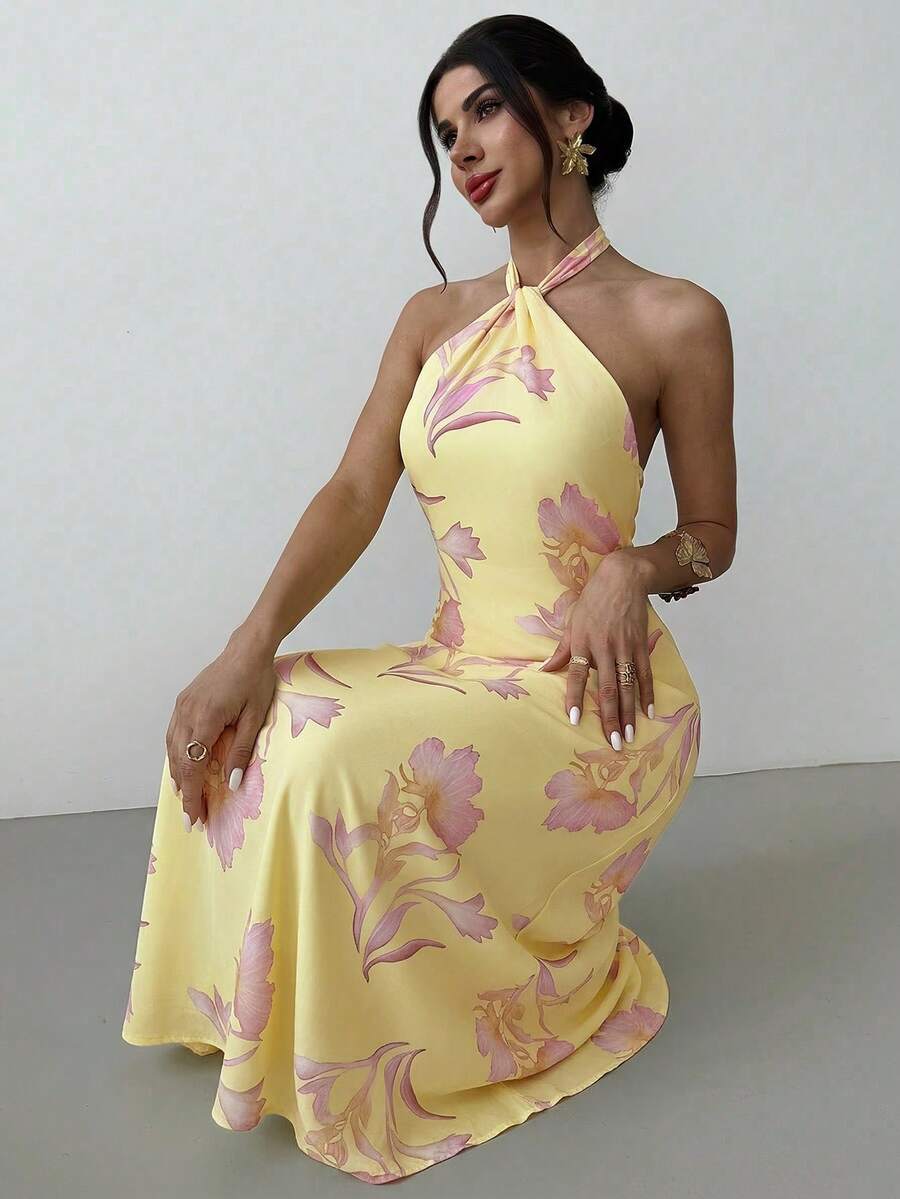 Firerie 女士优雅休闲度假派对浪漫约会宽松露背连衣裙，黄色 - 彩色 - 查看 1