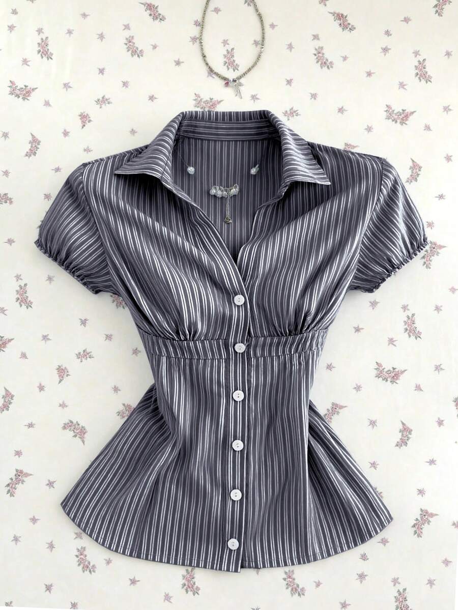 Flirla Women's Striped Collared V-Neck Short Sleeve Blouse, Spring/Summer - Dark Grey - View 1