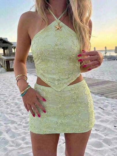 Aloruh 亮片性感露背吊带短款上衣+低腰迷你裙，适合派对和音乐节