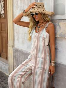LanaWest Mono ancho de pierna con estampado digital de rayas, de estilo casual occidental, de mujer, con bolsillos y tirantes ajustables, de aspecto de lino - Caqui - Ver 7