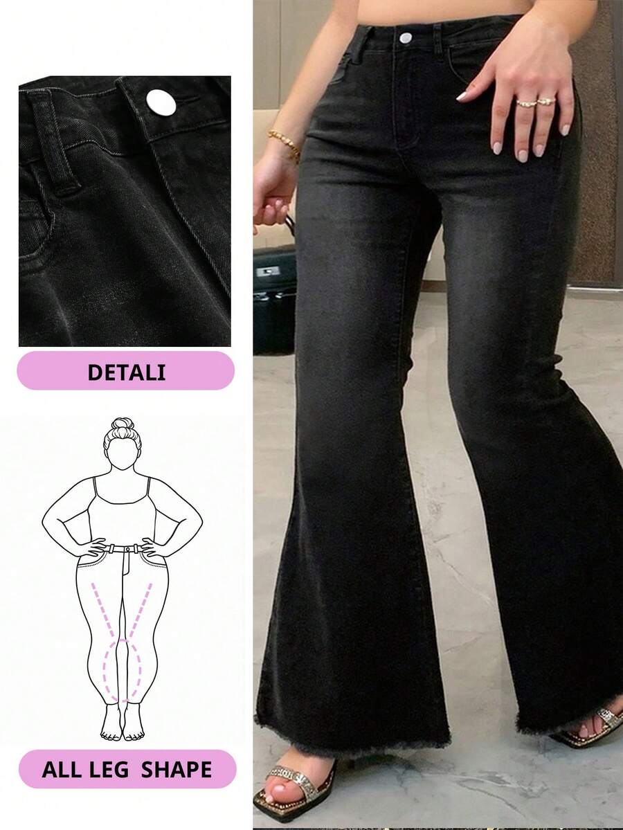 Dazy Plus 弹力水洗做旧环绕式喇叭长款女童牛仔裤，适合所有季节 - 黑色 - 查看 1