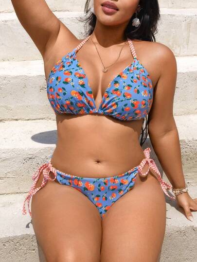Swim Vcay Plus Size 2-Piece Swimsuit, Summer Sexy & Cute Light Blue Plaid & Orange Print Bikini Set, Casual Vacation Halter Neck Tie Triangle Cup, Adjustable Side Tie Design, Suitable For Holidays, Beach Travel