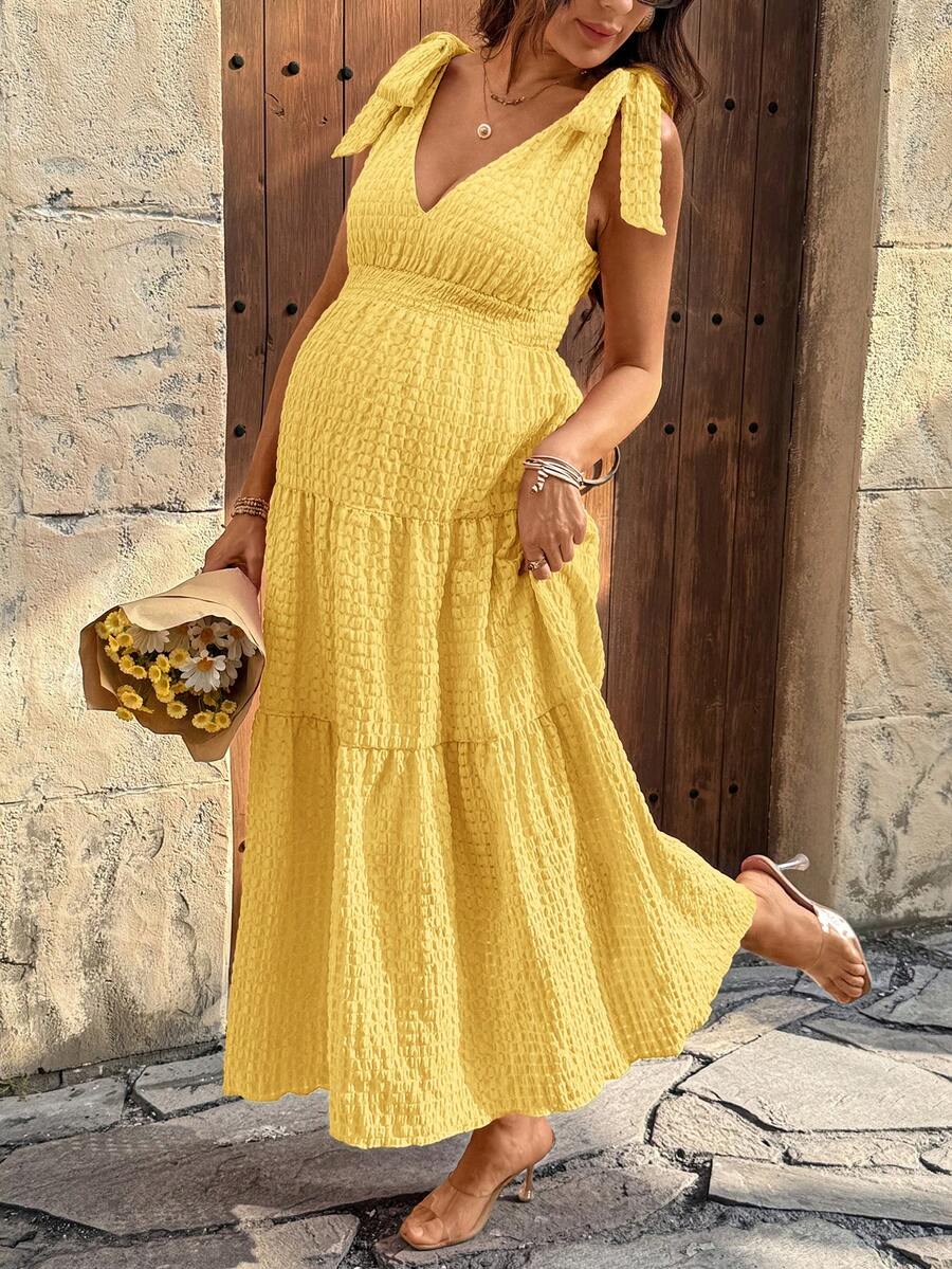 SHEIN Maternity Vacation Textured Ruffle Hem Sleeveless Dress - Yellow - View 1