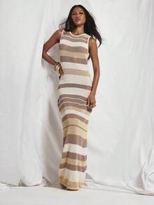 MUSERA Striped Crochet Scoop Open Tie Back Floor Length Maxi Dress Cute Holiday Sexy Night Out Vacation Spring Summer Elegant Soleil Drape - Multicolor - View 1