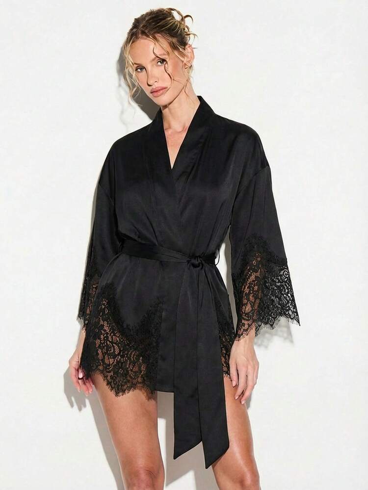 KIZN Women Black Satin Lace Insert Night Robe With Lace Trim Sleeves And Belt Tie Closure Luxurious Loungewear