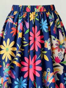 SHEIN Conjunto informal de 2 piezas para niña preadolescente con blusa de manga acampanada con lazo y falda acampanada estampada, para uso diario en vacaciones con estilo mexicano - Azul Marino - Ver 4