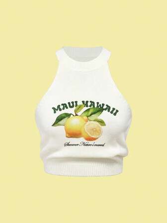 Top corto sin mangas de ajuste ceñido con estampado de limón y tirantes de espagueti, estilo sexy americano para verano