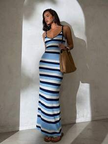 Aloruh 女士春夏新款针织钩编连衣裙，露背交叉条纹波西米亚风度假连衣裙，优雅连衣裙 - 藍色 - 查看 7