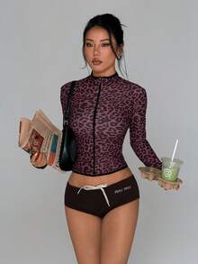 Dewbera 女士豹纹修身拉链长袖运动夹克 - 咖啡棕 - 查看 7