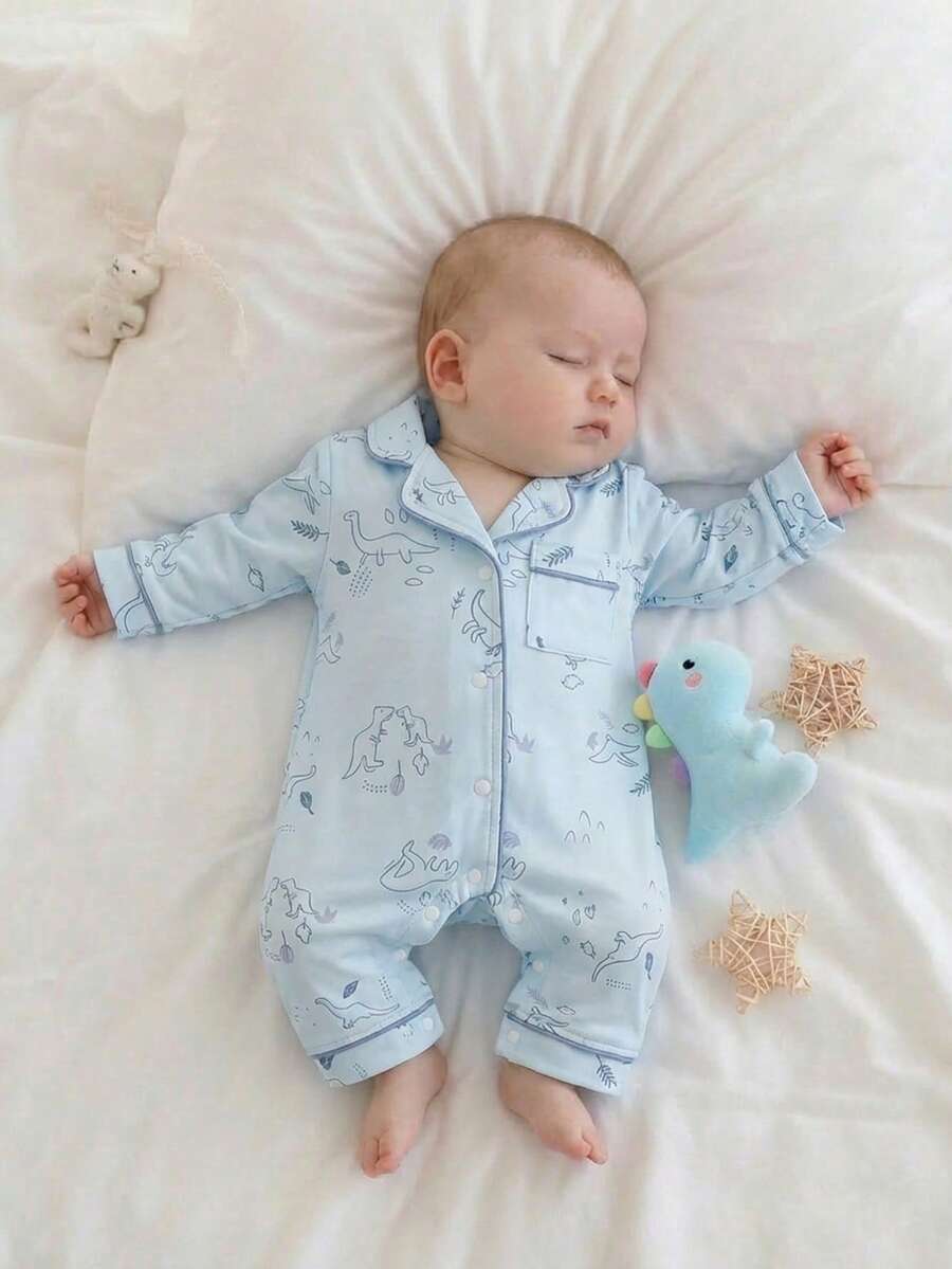 SHEIN Vintaside Kids 新生儿连脚睡衣，卡通恐龙印花图案，抽绳设计，面料柔软舒适 - 藍色 - 查看 1