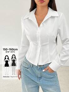 SHEIN PETITE Áo sơ mi dài tay giản dị cơ bản có cạp chun - trắng - Xem 1
