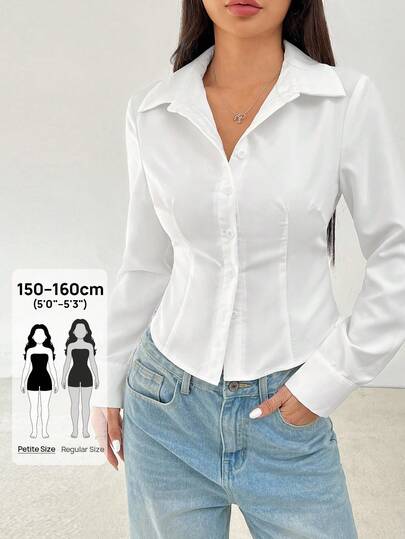 SHEIN PETITE Camisa básica de manga larga informal con cintura recogida