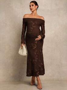 MaterniChic Vestido elegante con hombros descubiertos, estampado floral y bajo de cola de pez para mujeres embarazadas, primavera/verano - Café integral - Ver 3